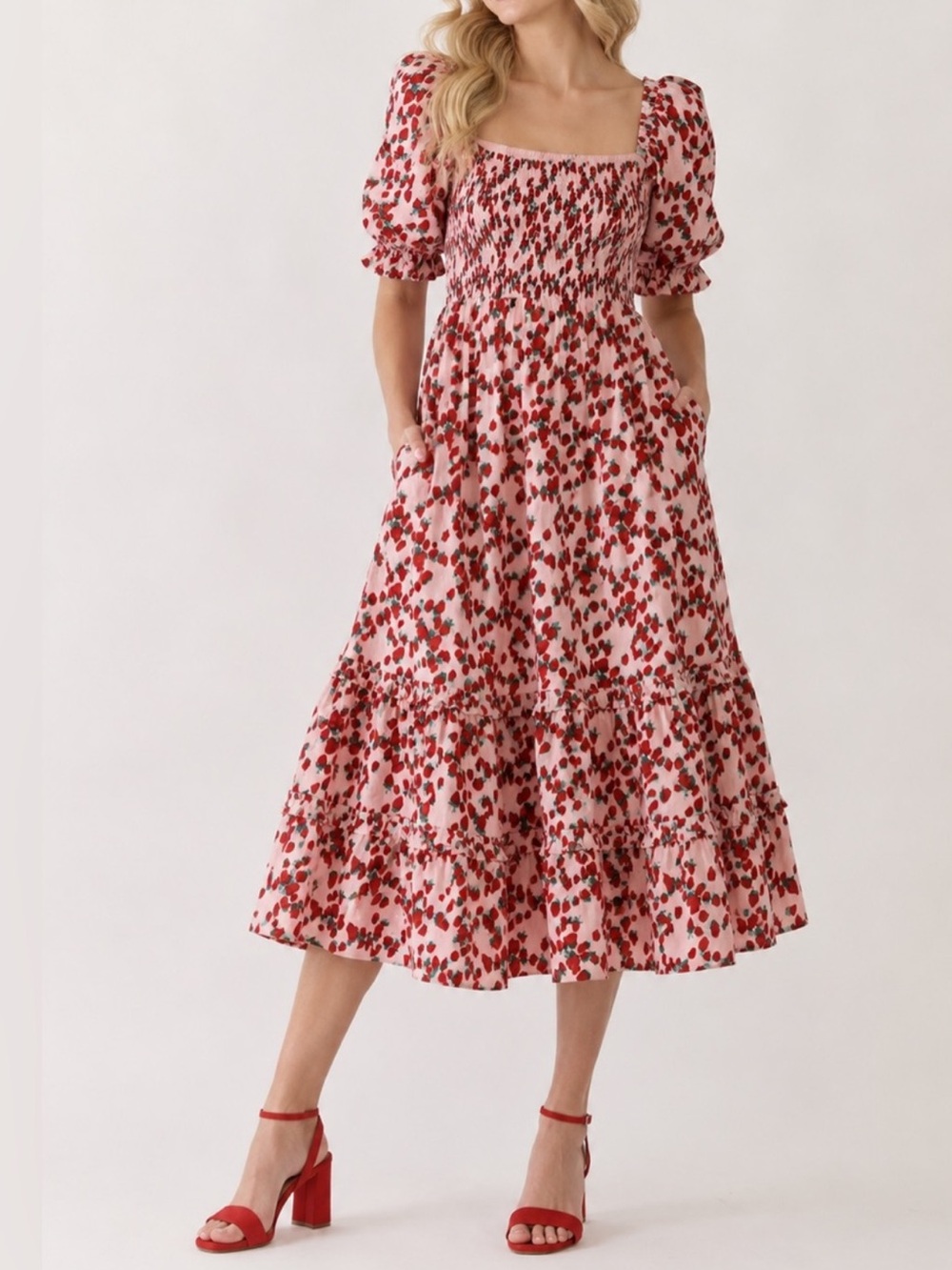 Betsey Johnson Smocked Fruit Print Dress in Pink & Red